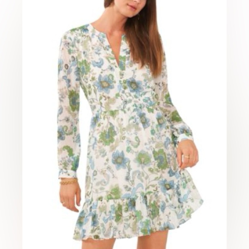 Vince Camuto Floral V Neck Dress Women’s 2XL Blue Green Long Sleeve 38”